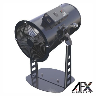 Ventoinha industrial preta com suporte metálico e controle com interruptor