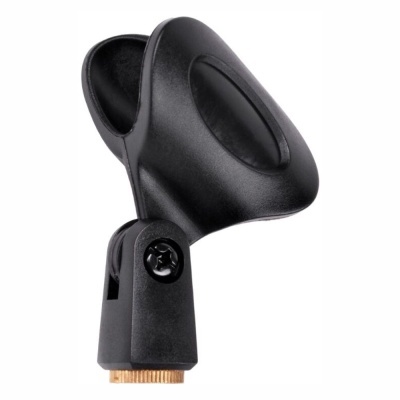 Suporte de microfone preto com base de madeira em fundo branco