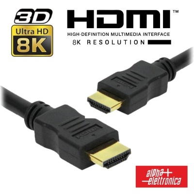 Cabo HDMI preto com conectores dourados e textos relacionados à resolução 8K.