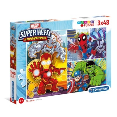 Caixa do puzzle Marvel Super Hero Adventures com três puzzles de 48 peças mostrando Iron Man, Spider-Man, Captain America e Hulk.