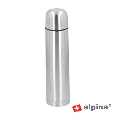 Garrafa térmica metálica prateada com tampa e logótipo alpina