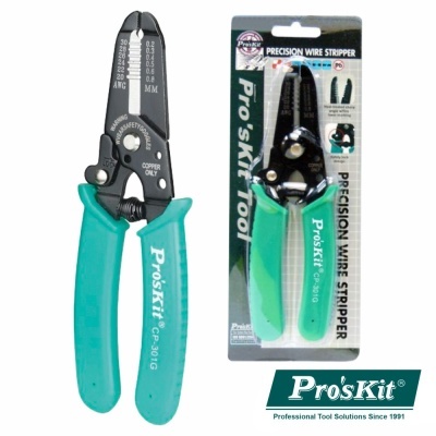 Alicate descascador de fios Pro'sKit com cabo verde e preto e medidas gravadas