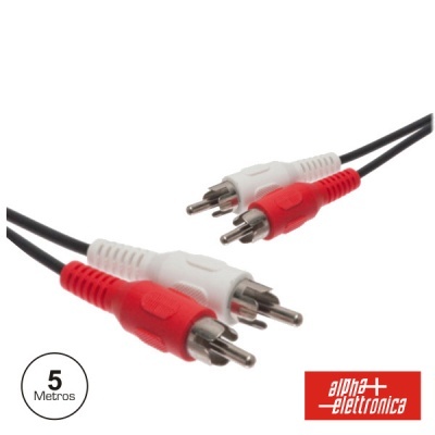 Cabo de áudio RCA com conectores vermelho e branco, 5 metros, marca Alpha Elettronica