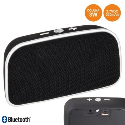 Coluna Bluetooth preta com moldura branca, botões e portas visíveis