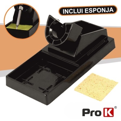 Base preta para ferro de soldar com esponja amarela e texto INCLUI ESPONJA