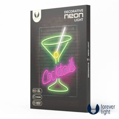 Embalagem de luz decorativa de néon com copo de cocktail e texto 'Cocktails' em néon colorido