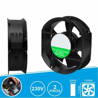 Ventoinha axial preta com etiqueta verde e branca, 150x50x172mm, 230V, 2 pinos
