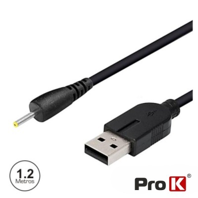 Cabo USB preto com conector USB e conector cilíndrico