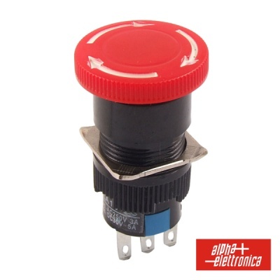 Botão de emergência vermelho com base preta e terminais metálicos