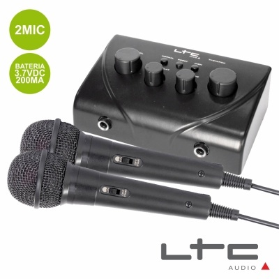 Conjunto de 2 microfones LTC Audio com caixa preta e etiquetas verdes com texto