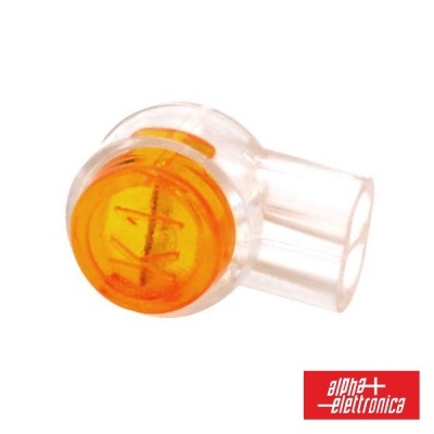 Conector elétrico transparente com botão laranja e texto gravado