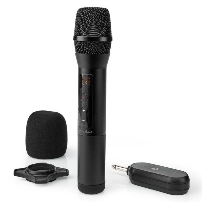 Microfone sem fios preto com acessórios e transmissor