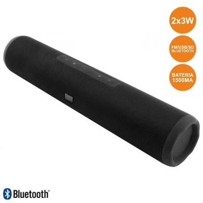 Coluna portátil preta com detalhes em malha têxtil e botões no topo