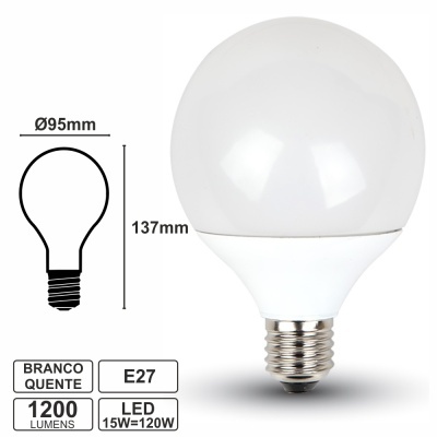 LÂMPADA E27 15W=120W 230V LEDS GLOBO BRANCO QUENTE 1200LM