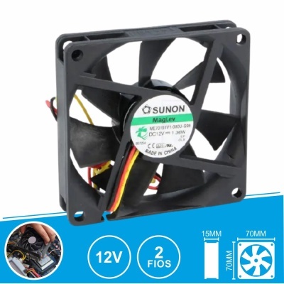 Ventoinha preta para computador SUNON 12V 70x70x15mm com três fios