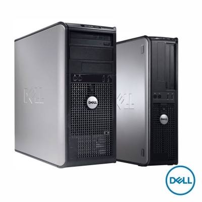 Torres de computador desktop DELL cinza e preto com logo DELL