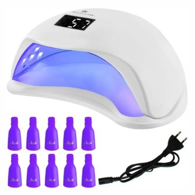 Lâmpada de cura UV/LED branca com visor digital e frascos roxos pequenos