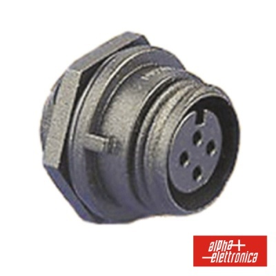 Conector circular macho preto de 5 pinos com anel hexagonal e logótipo Alpha Elettronica