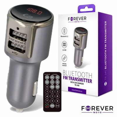 Transmissor FM Bluetooth com carregador de carro Forever Moto TH-340 com controlo remoto e embalagem