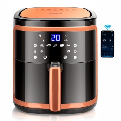 Air fryer preto e cobre com painel digital e smartphone ao lado mostrando app de controlo