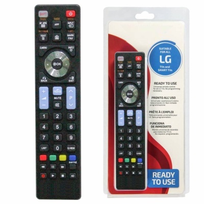 Comando remoto preto para TV LG com botões coloridos, embalagem com texto multilingue
