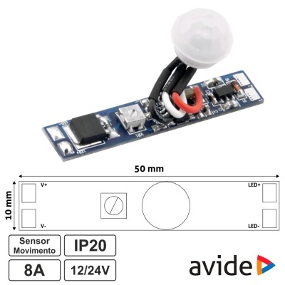 Sensor de movimento elétrico azul com esfera branca e fios coloridos, especificações técnicas e logótipo avide.