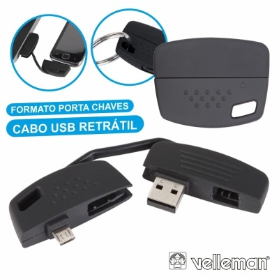 Cabo USB retrátil formato porta-chaves preto com texto em azul e marca Velleman