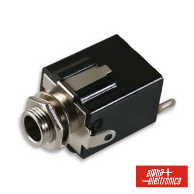 Conector de áudio metálico com corpo preto e logotipo alpha elettronica