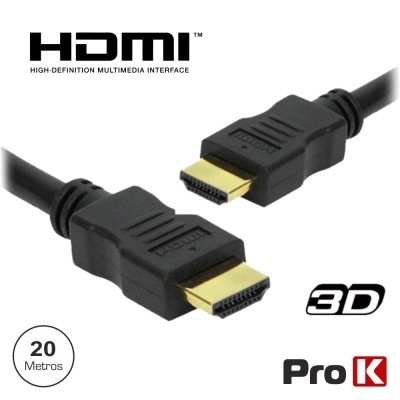 Cabo HDMI preto com conectores dourados e texto HDMI, 20 metros, 3D, Pro K