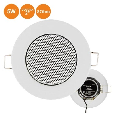 Coluna embutida branca redonda com grelha perfurada e texto 5W, COLUNA 2'', 8Ohm em balões laranja.