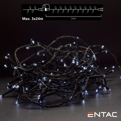 Corda de luzes LED brancas com fios pretos e diagrama de comprimento.