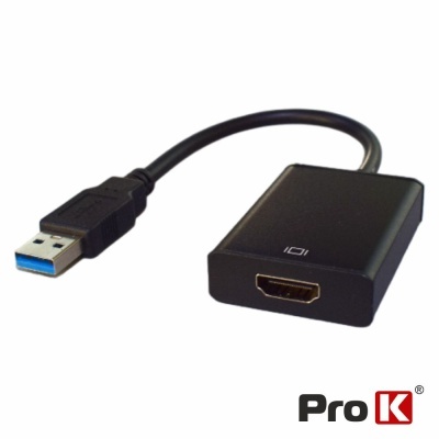 Adaptador USB 3.0 a HDMI preto com cabo curto e logótipo Pro K