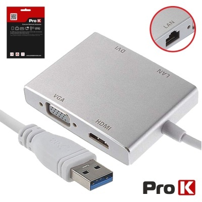 Adaptador múltiplo Pro K com entradas VGA, HDMI, DVI e LAN, cabo USB e embalagem.