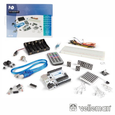 Kit de iniciação DIY com componentes eletrónicos e embalagem azul e branca