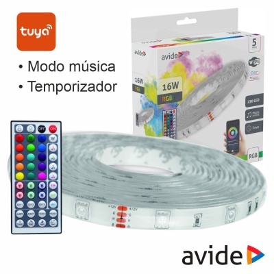 Fita LED RGB avide com comando e embalagem mostrando características e funcionalidades.