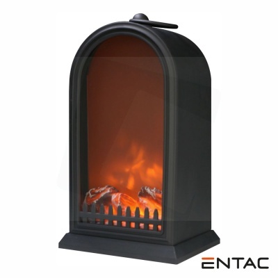 Lareira decorativa elétrica preta com luz simulando fogo e design em arco
