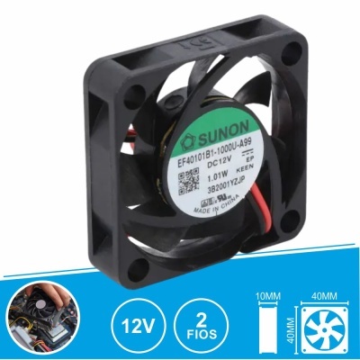 Ventoinha de refrigeração eletrónica preta com etiqueta central e fios