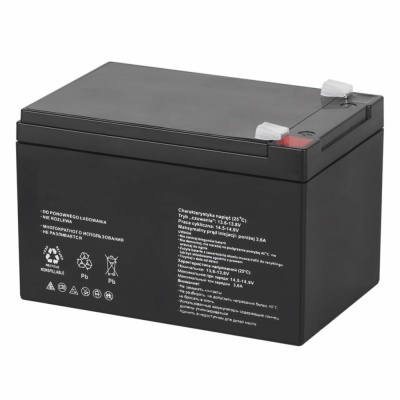 Bateria recarregável preta de 12V com terminais de cor vermelha e cinza