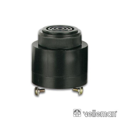 Produto electrónico preto cilíndrico com parafusos e logotipo velleman