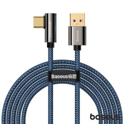 Cabo Baseus USB-A para USB-C azul com conector em ângulo e padrão trançado