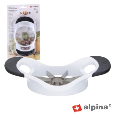 Cortador de maçãs branco com detalhes pretos e lâminas metálicas afiadas