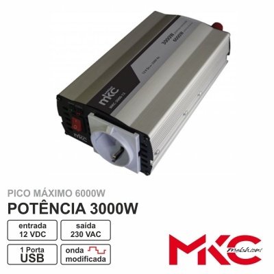 Inversor de potência MKC 3000W prateado e preto com porta USB