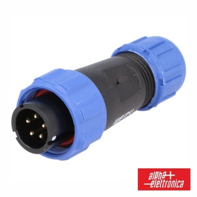 Conetor elétrico cilíndrico preto com tampas azuis e ponta metálica