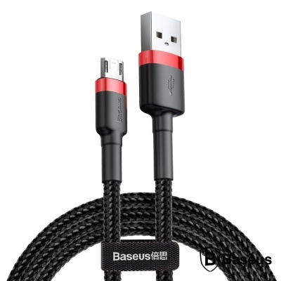 Cabo USB-A para Micro USB Baseus preto com detalhes vermelhos e etiqueta com logo