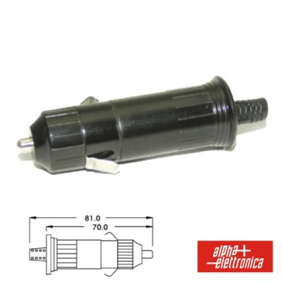 Cabo adaptador preto para tomada de isqueiro com logotipo alpha elettronica.