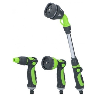 Pistolas de rega verde e preto com diferentes bocais e extensão telescópica.