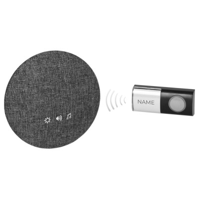 Campainha eletrónica com base redonda em tecido cinzento e botão preto prateado