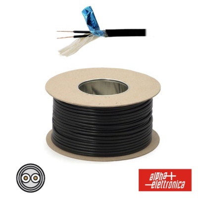 Rolo de cabo elétrico preto com fios de cobre expostos e embalagem com logo