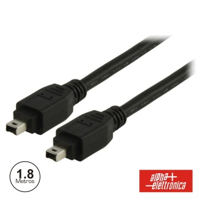 Cabo FireWire preto com conectores e logótipo Alpha Elettronica
