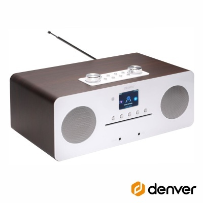 Rádio Denver madeira e branco com altifalantes ecrã digital e antena